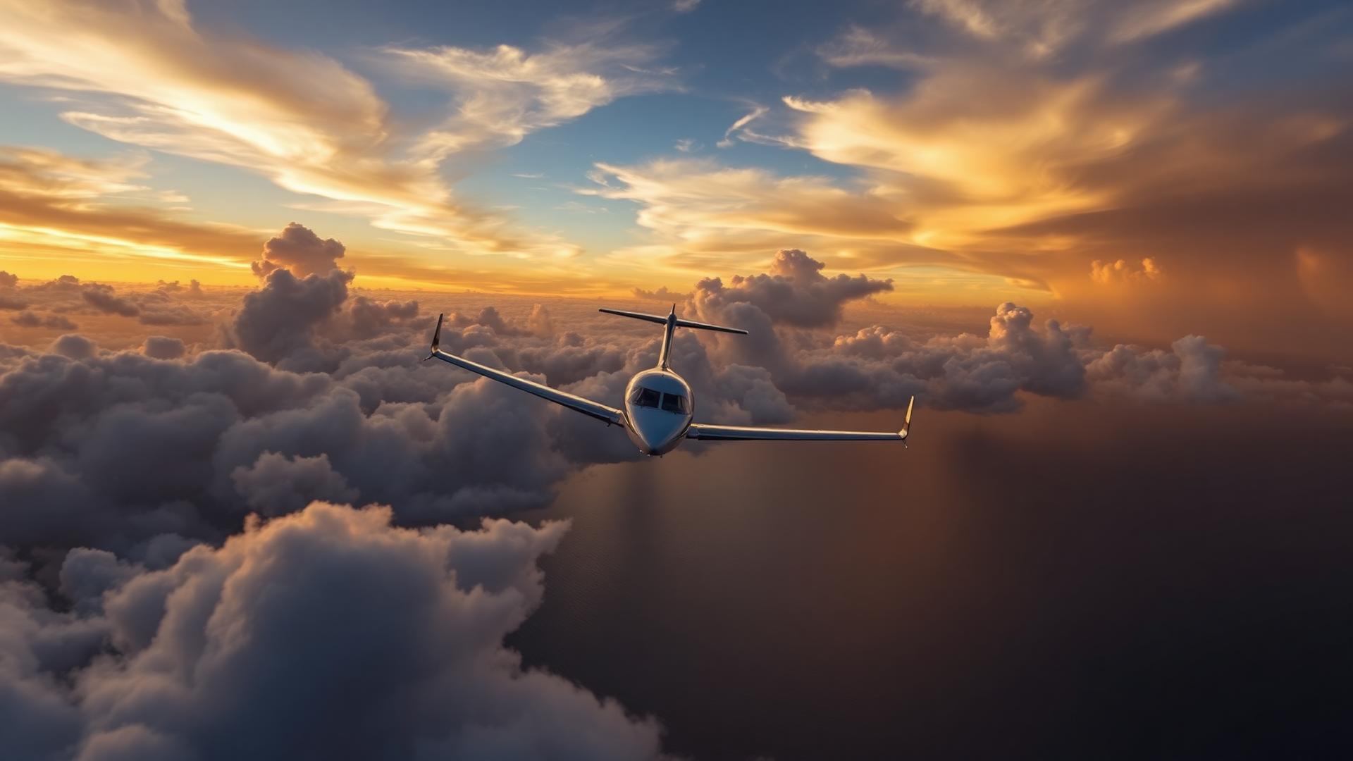 Private jet flying over Florida coastline at sunset