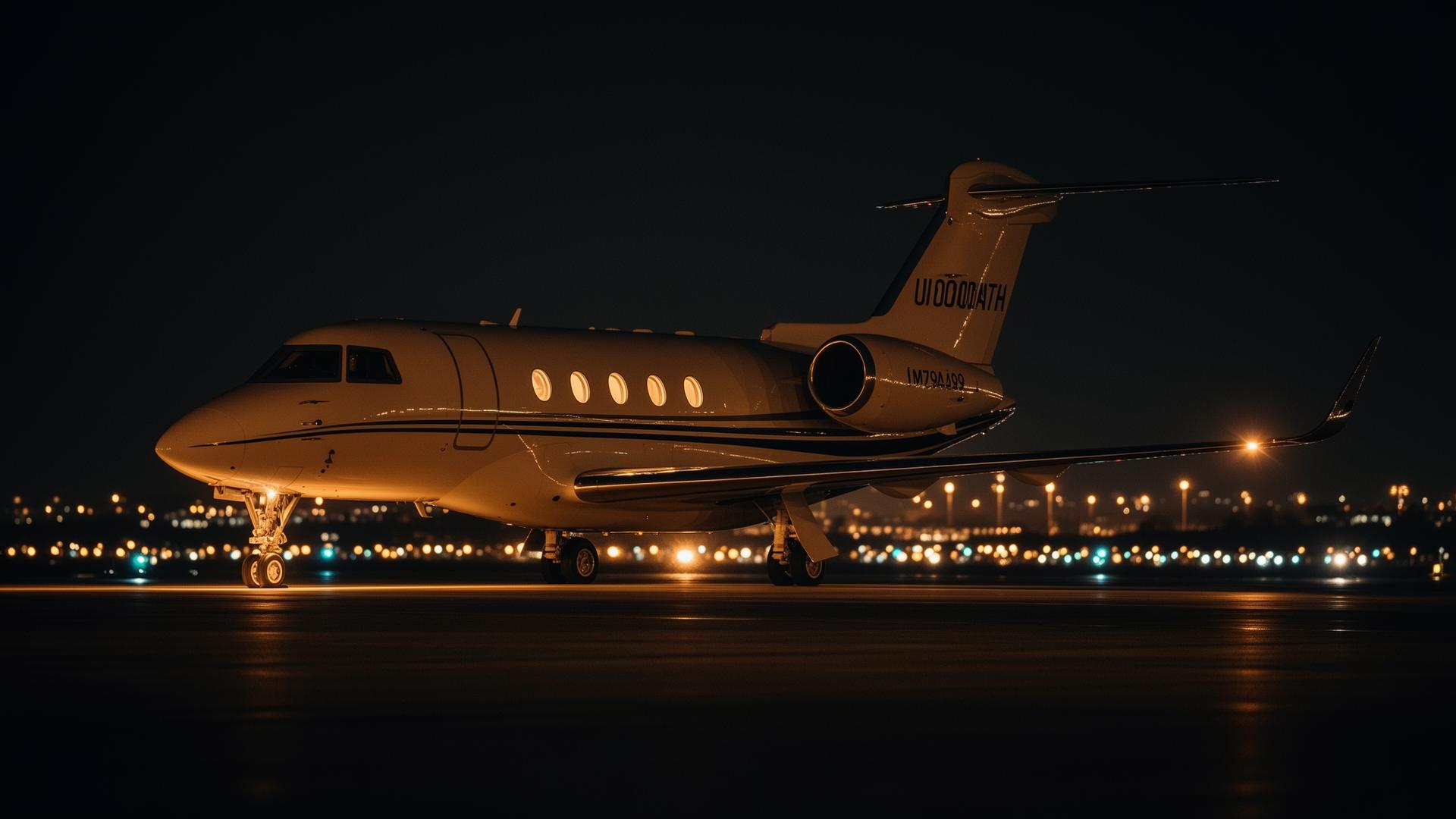 Private jet on ramp at night